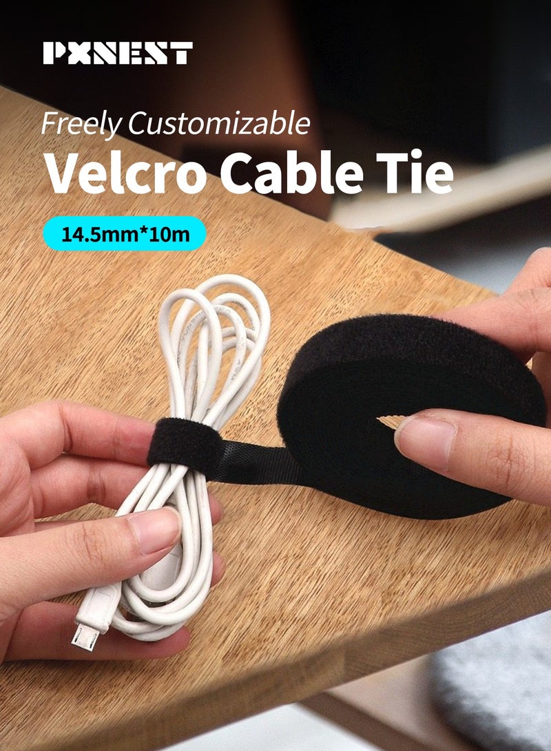 Pxnest Reusable Nylon Cable Tie Roll 10m, 14.5mm Width, Self-Adhesive Hook and Loop Cable Organizer, Black Multi-Purpose Wire Management Strap - Image 2